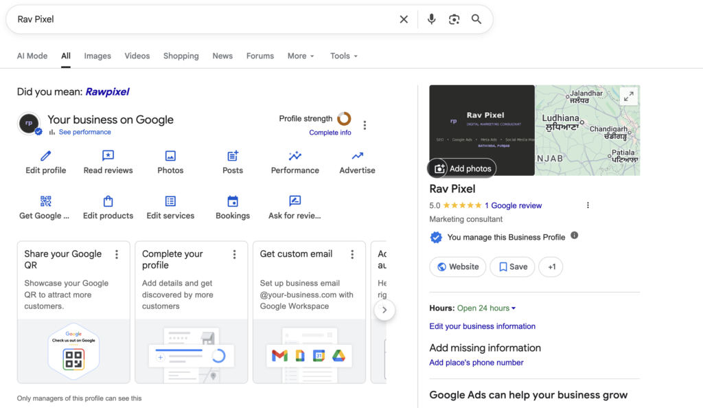 Google Business Profile dashboard showing service area set to India and Bathinda